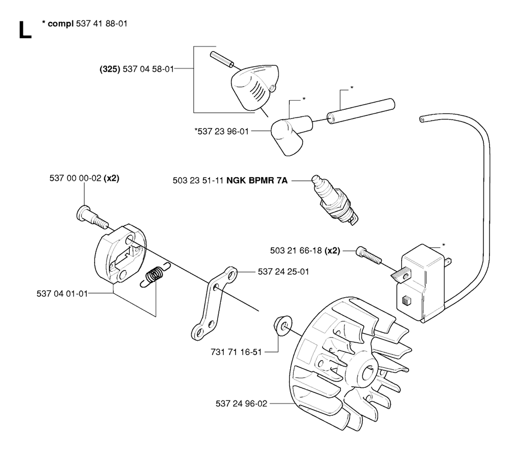 Ignition System And Clutch Diagram and Parts List for 325HDA55X 20054000001 & Above Husqvarna Hedge Trimmer