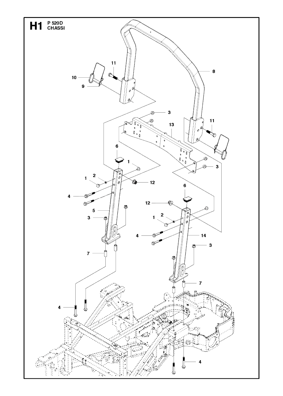 Chassis / Frame Diagram and Parts List for P520D 20120100001 - 20143999999 Husqvarna Lawn Tractor