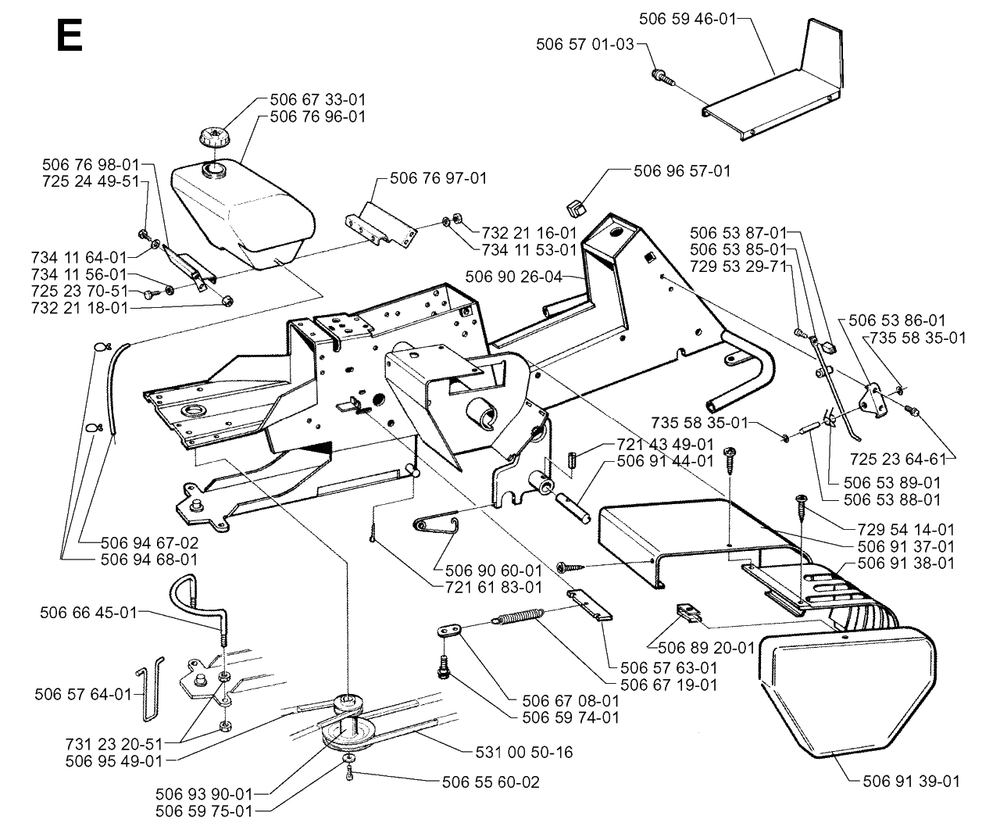 Chassis / Frame Diagram and Parts List for R13 1998-09 Husqvarna Lawn Tractor
