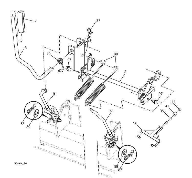 Mower Lift Lever Diagram and Parts List for TS242XD  Husqvarna Lawn Tractor