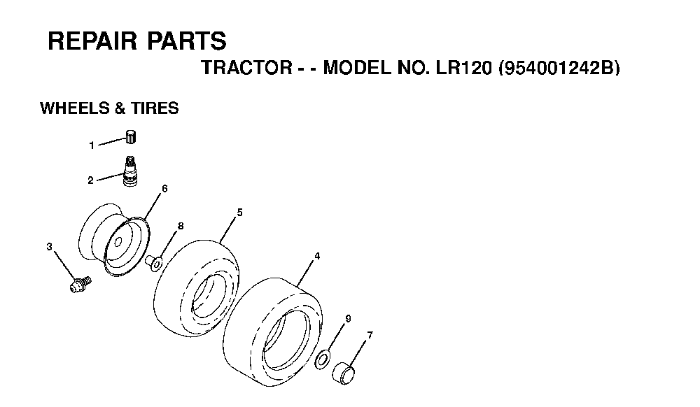 Wheels And Tires Diagram and Parts List for LR120 (954001242B)(1995-02) Husqvarna Lawn Tractor