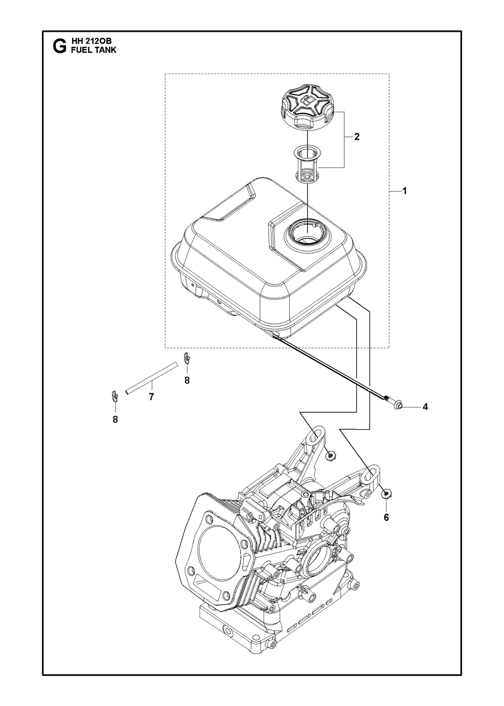 Fuel Tank Diagram and Parts List for HH212OB  Husqvarna Engine