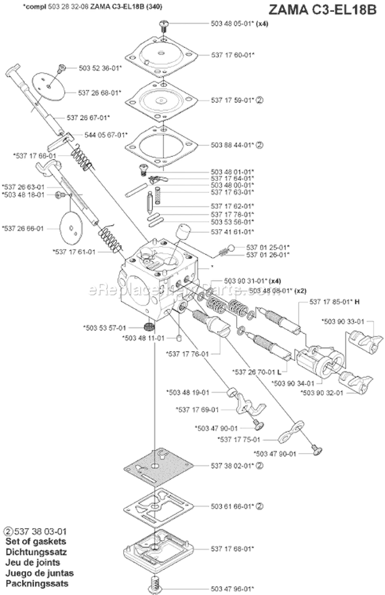 Page B Diagram and Parts List for 340 2007-01 Husqvarna Chainsaw