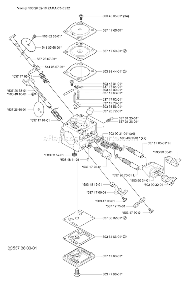 Page B Diagram and Parts List for 340E 340 E 2005-05 Husqvarna Chainsaw