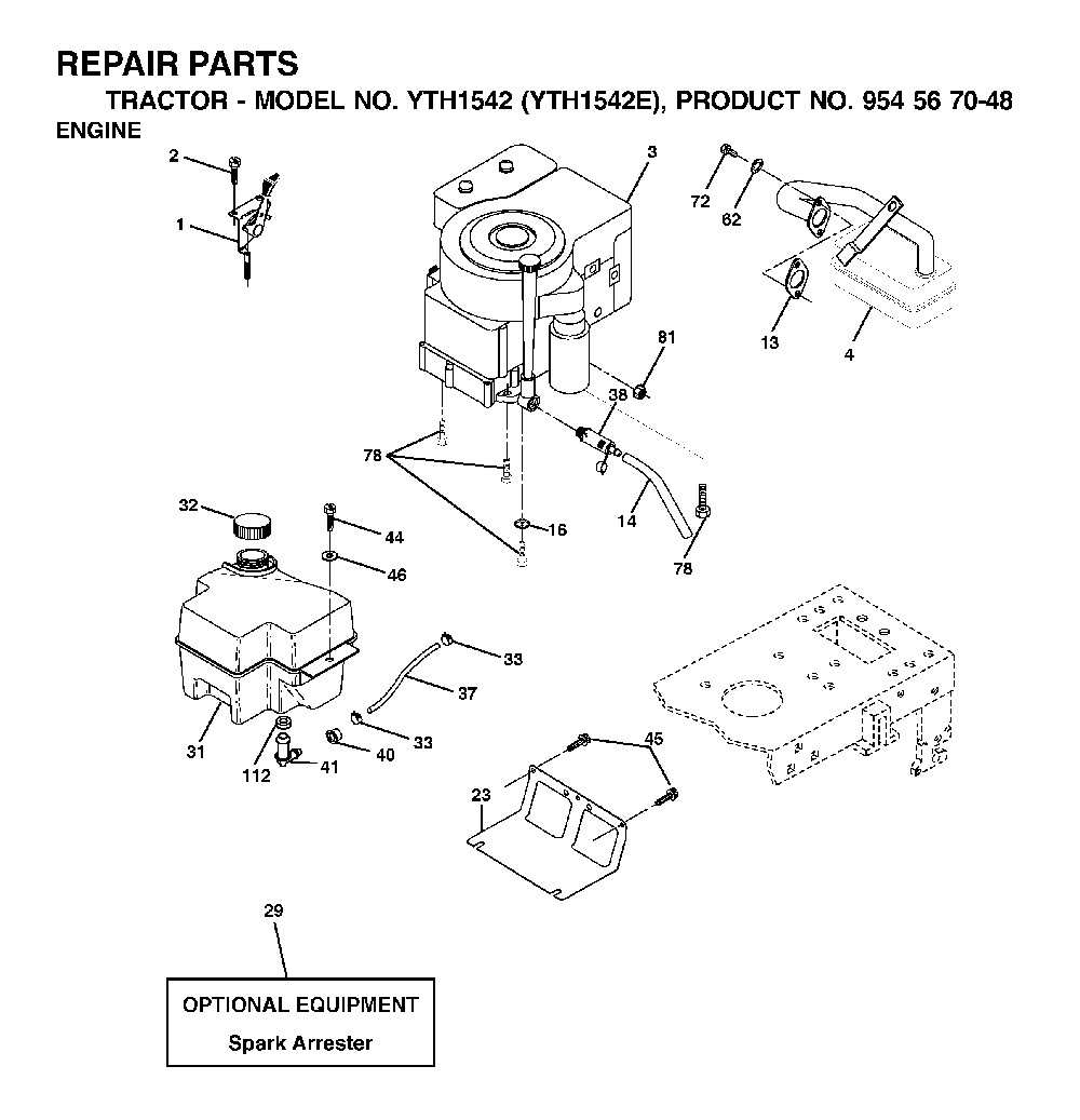 Engine Diagram and Parts List for YTH1542E (954567048)(2001-12) Husqvarna Lawn Tractor