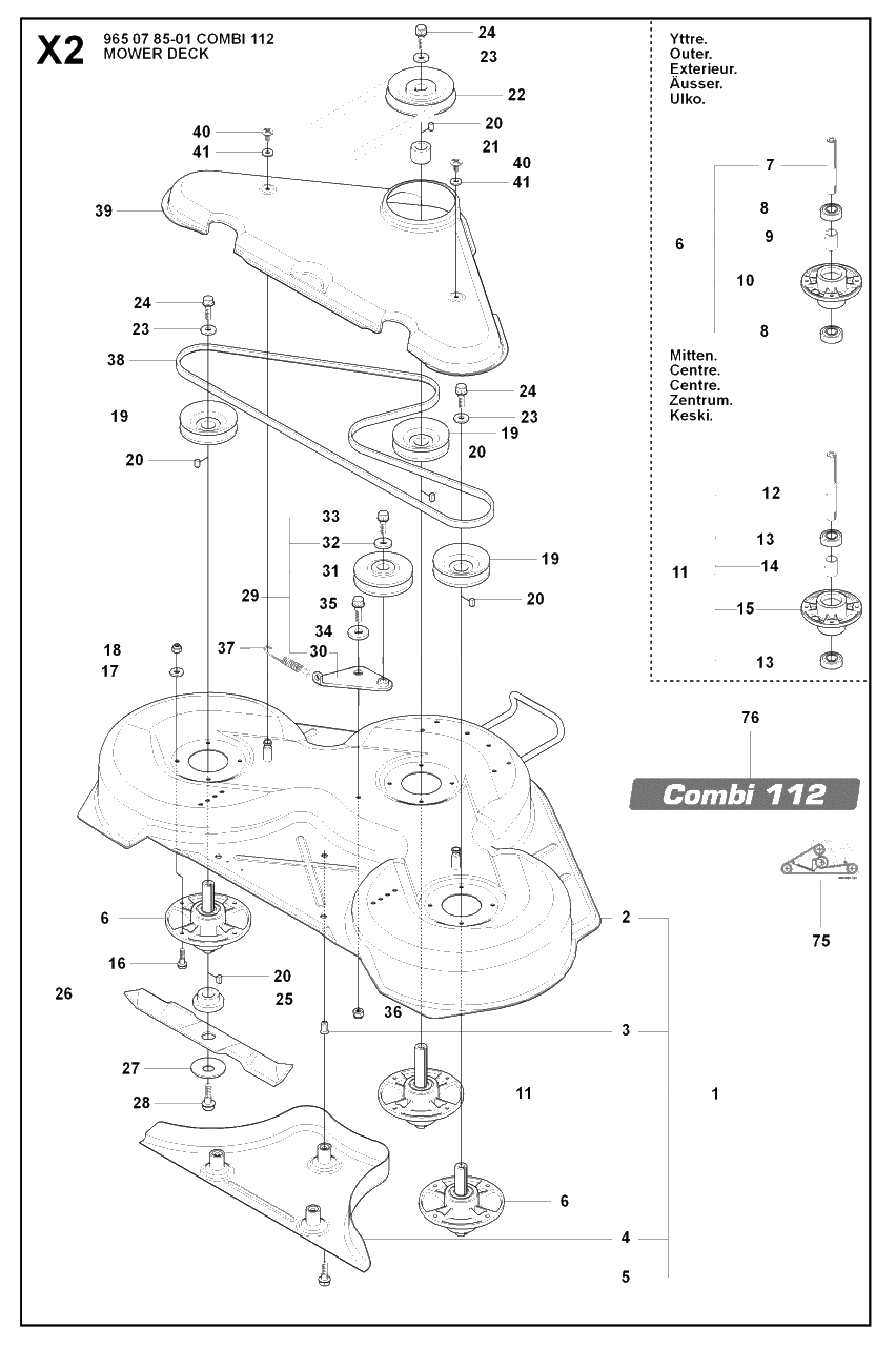 44-Inch/112cm Cutting Deck 3 Diagram and Parts List for R15-V2AWD (965094701)(2007-01) Husqvarna Lawn Tractor