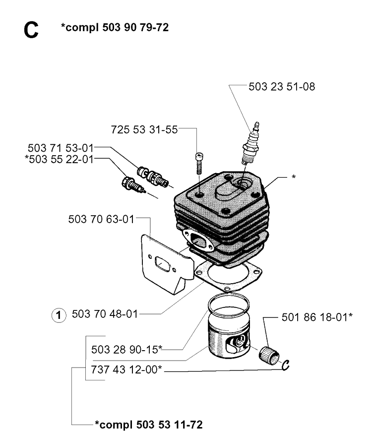 Cylinder Piston Diagram and Parts List for 261 19981000001-19992399999 Husqvarna Chainsaw