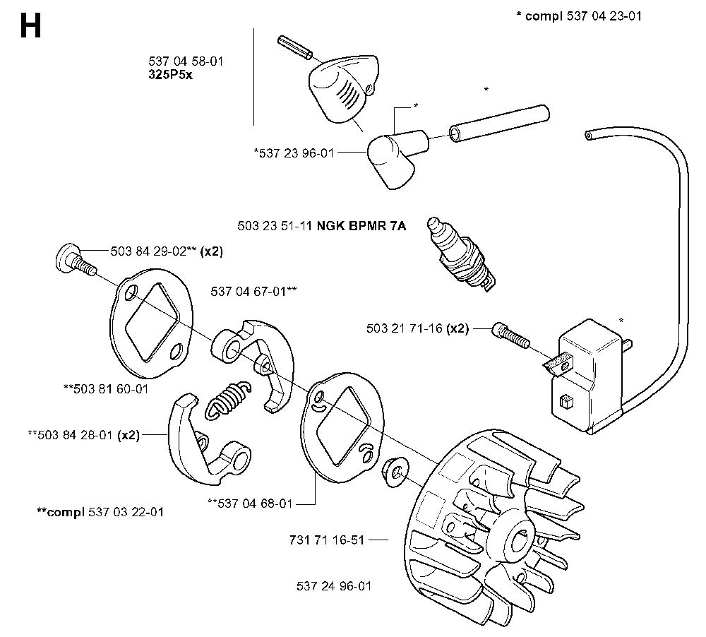 Ignition System And Clutch Diagram and Parts List for 323P4 20042300001-20062700000 Husqvarna Pole Saw
