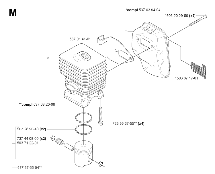 Cylinder, Piston And Muffler Diagram and Parts List for 325HDA65 (X-SERIES)(20070100001-20090900000) Husqvarna Hedge Trimmer