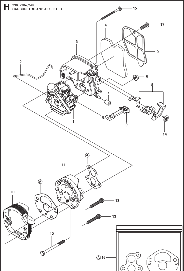 Carburetor And Air Filter Diagram and Parts List for 236 (967326401)(20144000001-Current) Husqvarna Chainsaw
