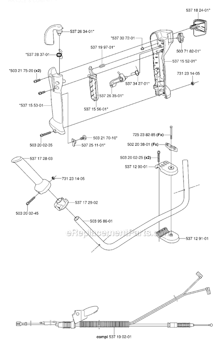 Handle  Controls 1 Diagram and Parts List for 343FR 2006-10 Husqvarna Brush Cutter