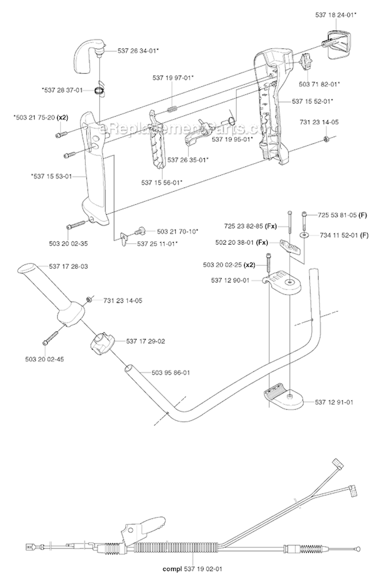 Handle  Controls Diagram and Parts List for 343F 2003-05 Husqvarna Brush Cutter