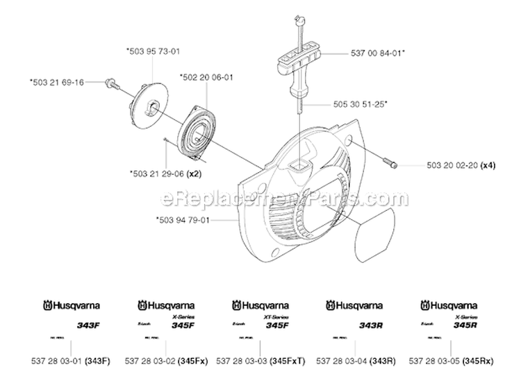 Starter Diagram and Parts List for 343F 2003-05 Husqvarna Brush Cutter