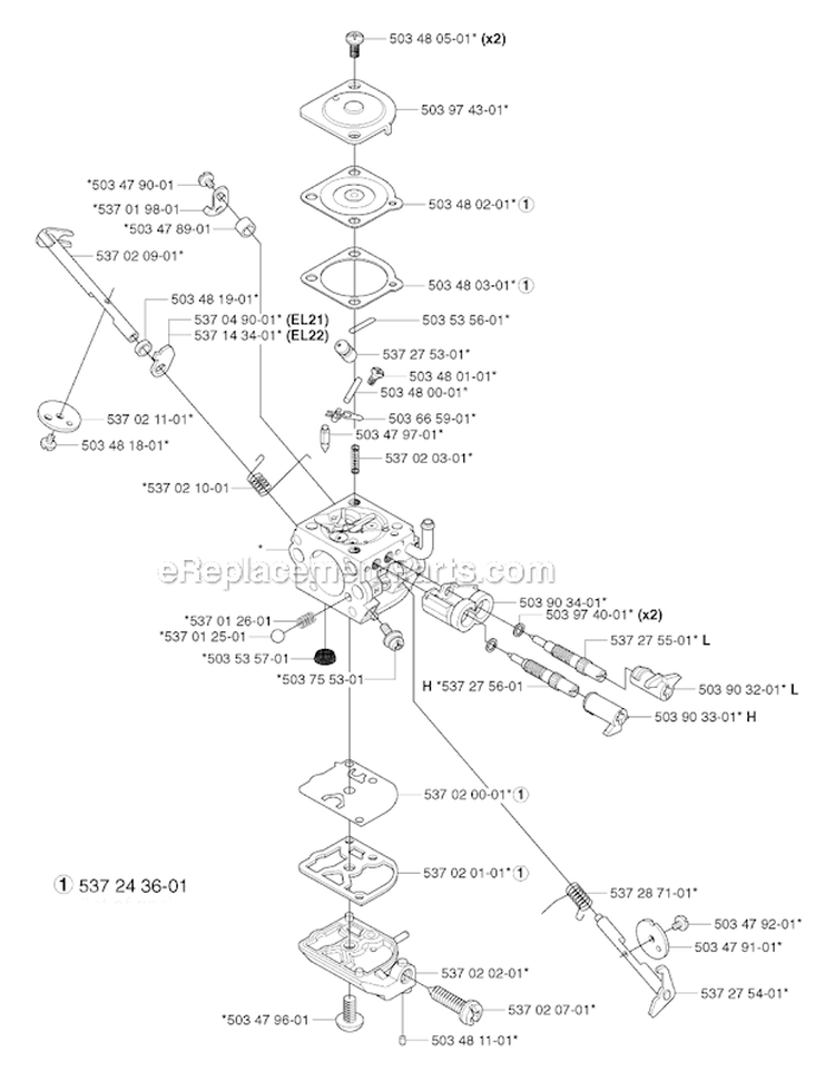 Carburetor Details Diagram and Parts List for 343F 2003-05 Husqvarna Brush Cutter