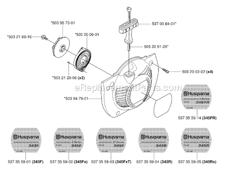 Starter Diagram and Parts List for 343F 2006-10 Husqvarna Brush Cutter