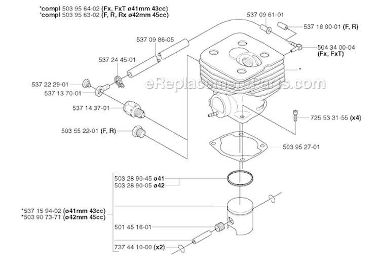 Cylinder Piston Diagram and Parts List for 343R 2003-05 Husqvarna Brush Cutter