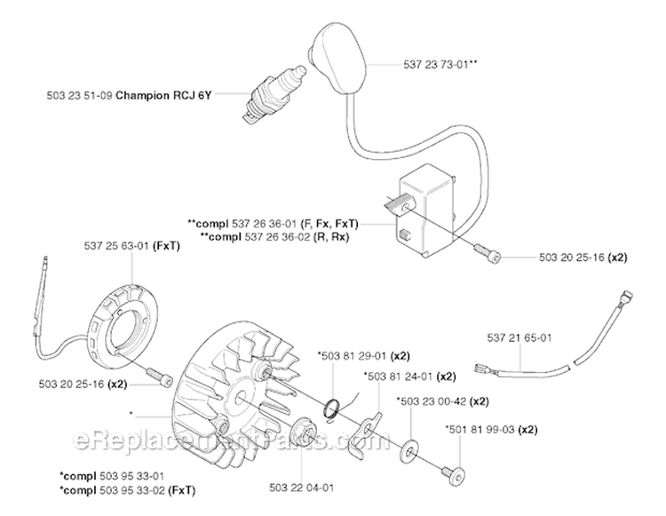 Ignition System Diagram and Parts List for 343R 2003-05 Husqvarna Brush Cutter