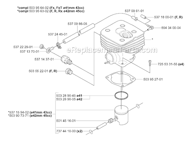 Cylinder Piston Diagram and Parts List for 343R 2004-08 Husqvarna Brush Cutter
