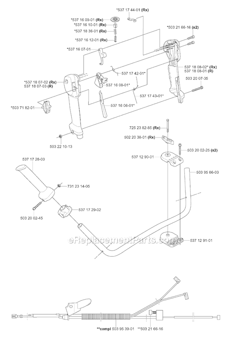 Handle  Controls Diagram and Parts List for 343R 2004-08 Husqvarna Brush Cutter