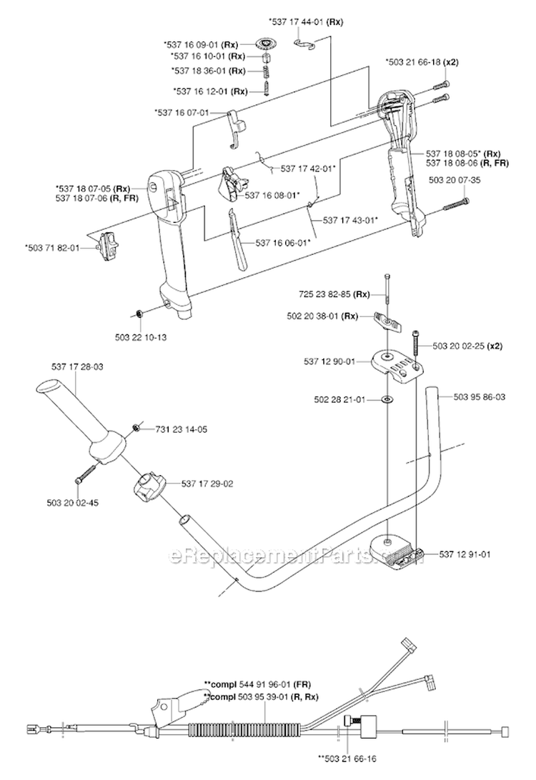 Handle  Controls Diagram and Parts List for 343R 2006-10 Husqvarna Brush Cutter