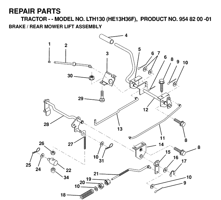 Brake / Rear Mower Lift Diagram and Parts List for LTH130 (HE13H36F)(1998-12) Husqvarna Lawn Tractor