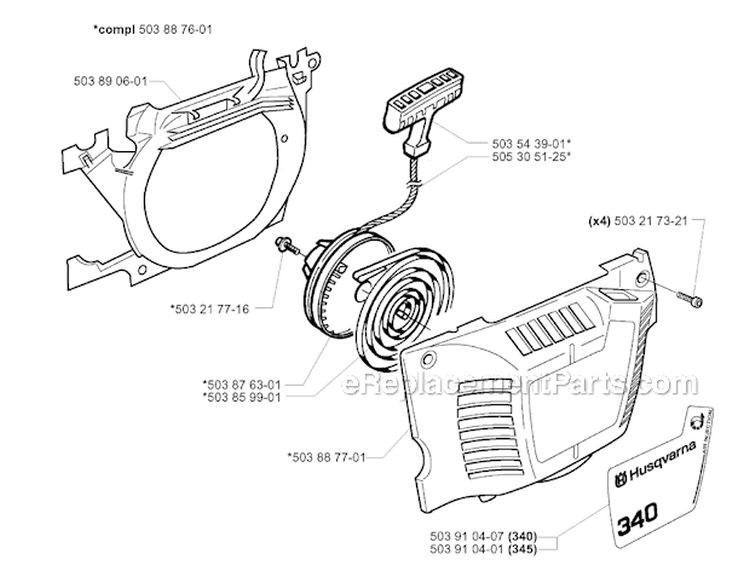Starter Diagram and Parts List for 345EPA 1999-09 Husqvarna Chainsaw