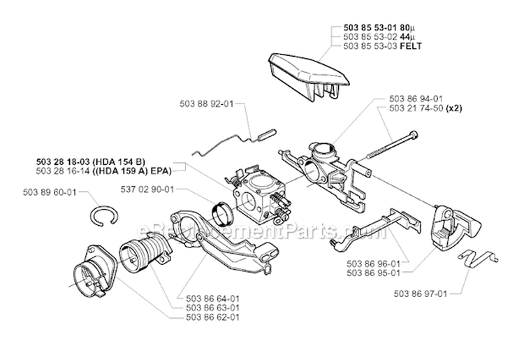 Carburetor  Air Filter Diagram and Parts List for 345EPA 1999-09 Husqvarna Chainsaw