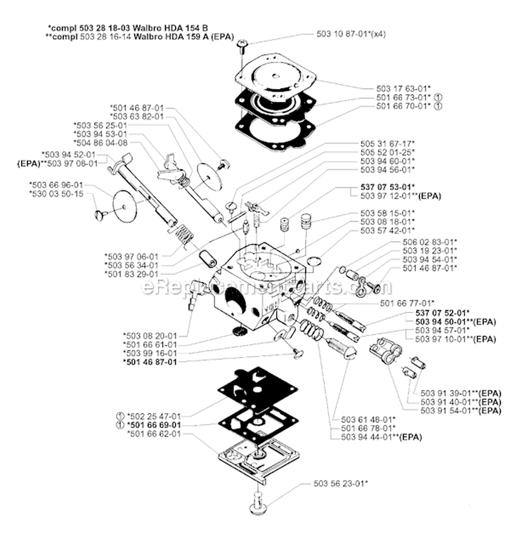 Carburetor Details Diagram and Parts List for 345EPA 1999-09 Husqvarna Chainsaw