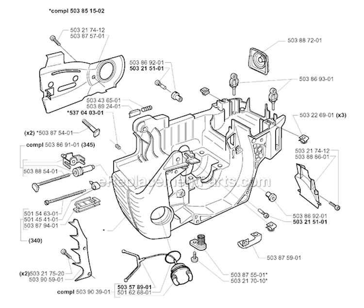 Crankcase Diagram and Parts List for 345EPA 1999-09 Husqvarna Chainsaw