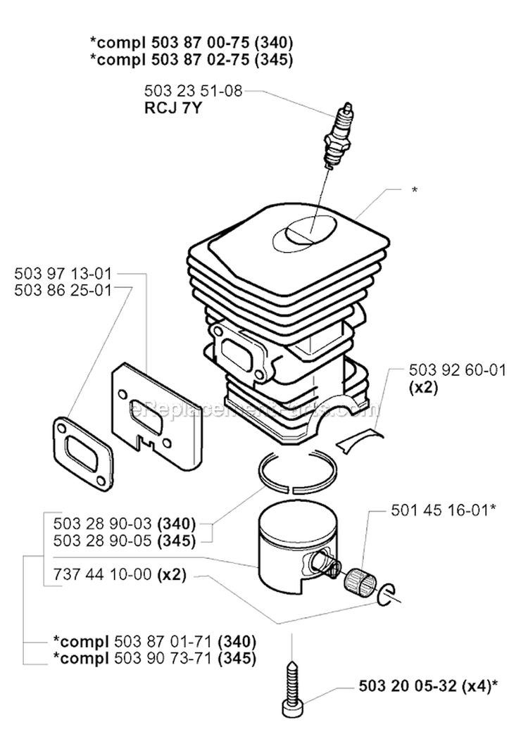 Cylinder Piston Diagram and Parts List for 345EPA 1999-09 Husqvarna Chainsaw