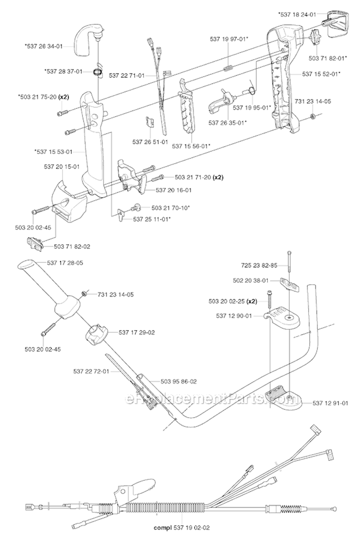 Handle  Controls Diagram and Parts List for 345FXT 2003-05 Husqvarna Brush Cutter
