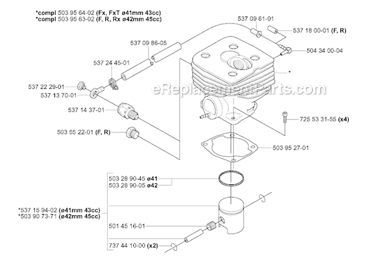 Cylinder Piston Diagram and Parts List for 345FXT 2004-08 Husqvarna Brush Cutter