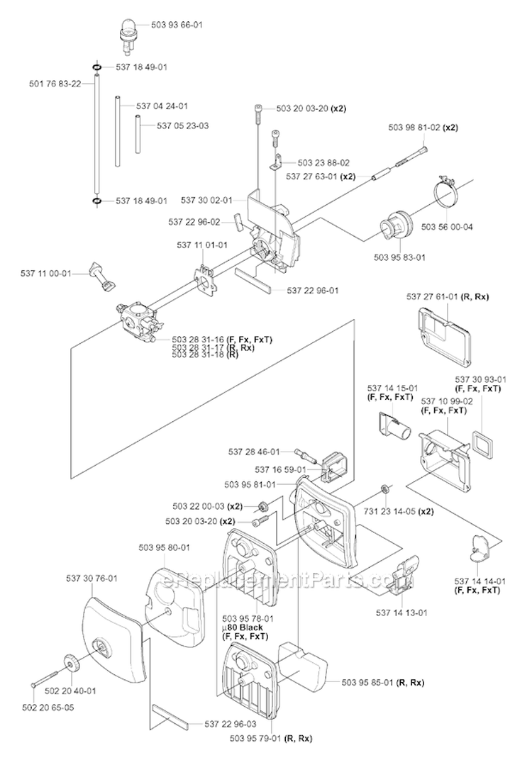 Carburetor  Air Filter Diagram and Parts List for 345FXT 2004-08 Husqvarna Brush Cutter
