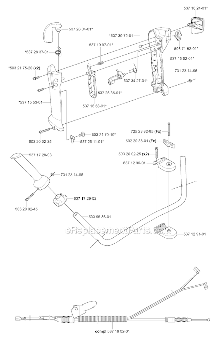 Handle  Controls Diagram and Parts List for 345FX 2004-08 Husqvarna Brush Cutter