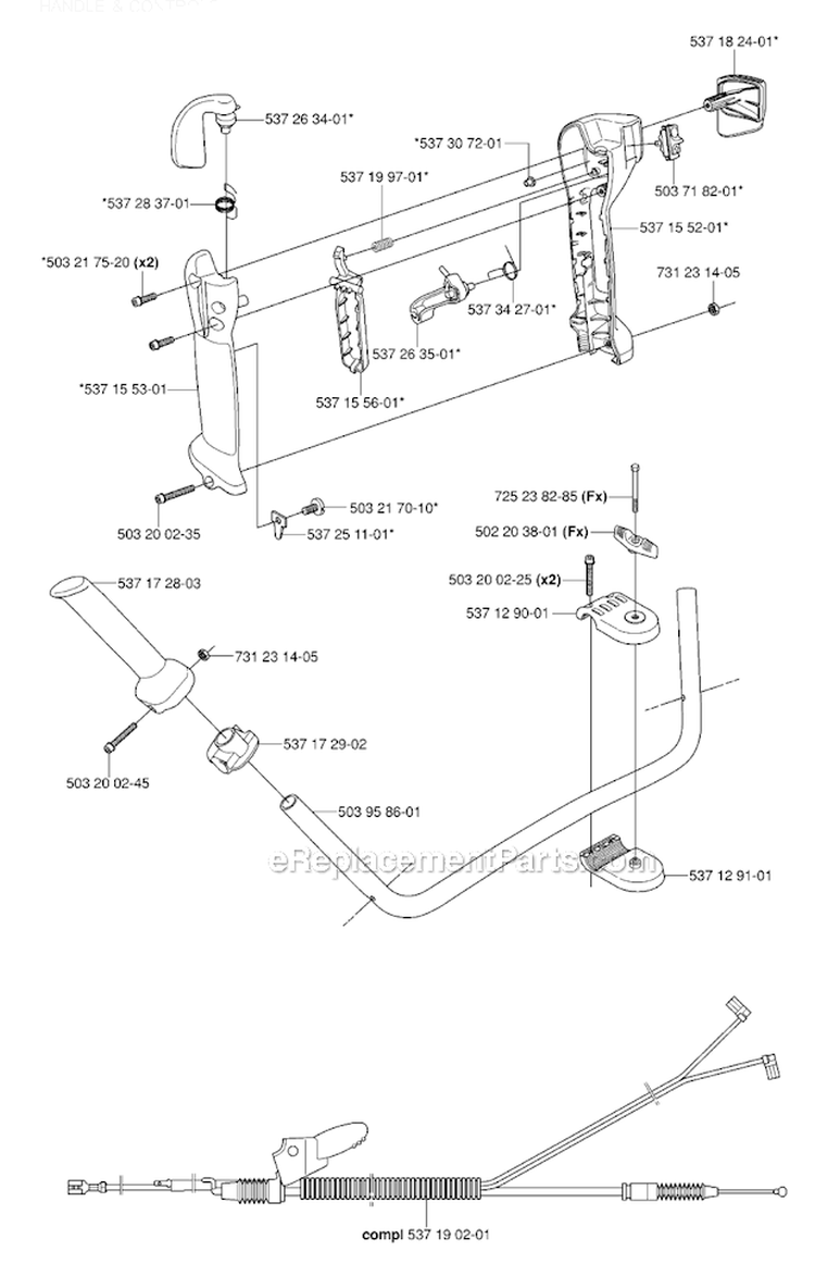 Handle  Controls Diagram and Parts List for 345FX 2006-10 Husqvarna Brush Cutter
