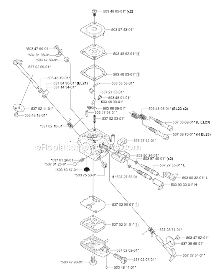 Carburetor Details Diagram and Parts List for 345RX 2004-08 Husqvarna Brush Cutter
