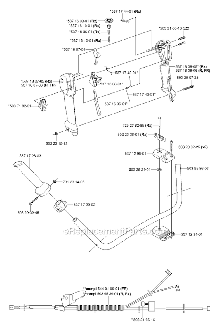 Handle  Controls Diagram and Parts List for 345RX 2006-10 Husqvarna Brush Cutter