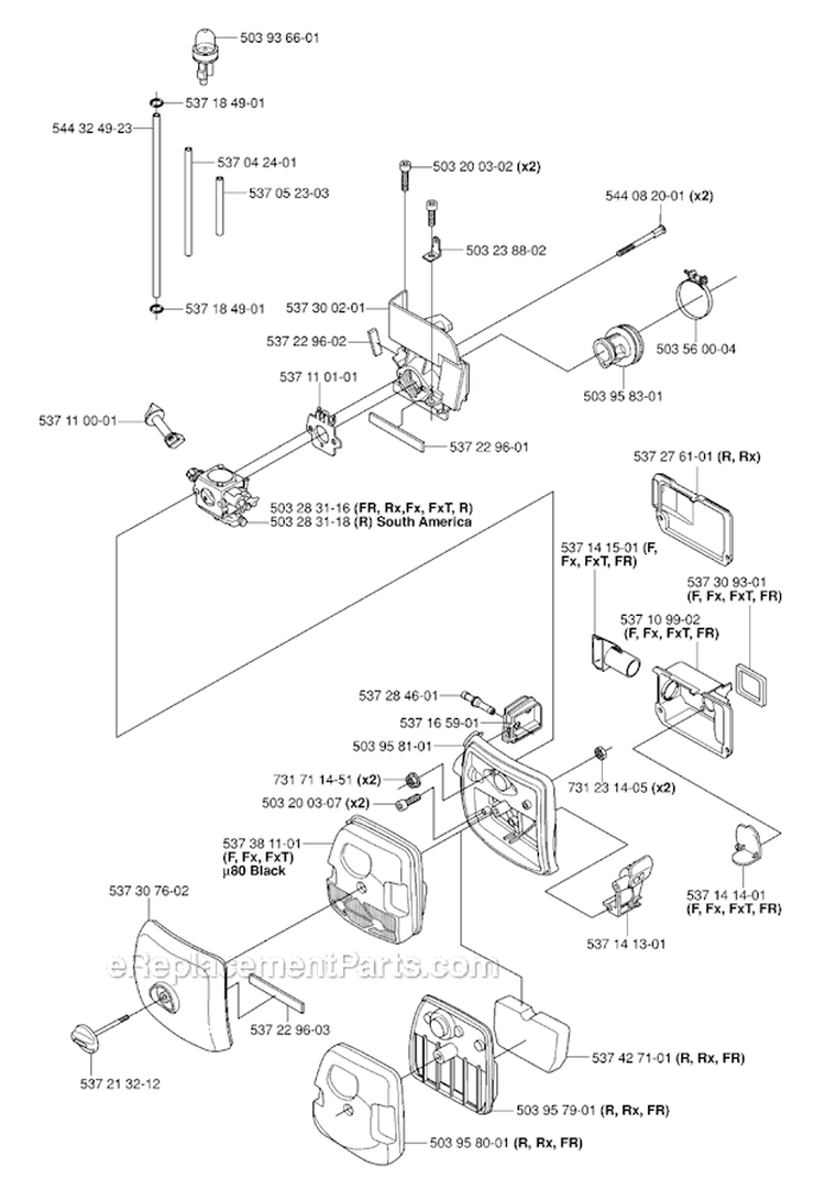 Carburetor  Air Filter Diagram and Parts List for 345RX 2006-10 Husqvarna Brush Cutter