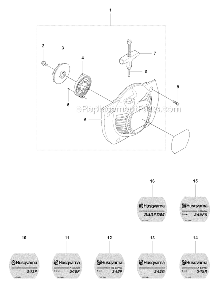 Starter Diagram and Parts List for 345RX 2008-05 Husqvarna Brush Cutter