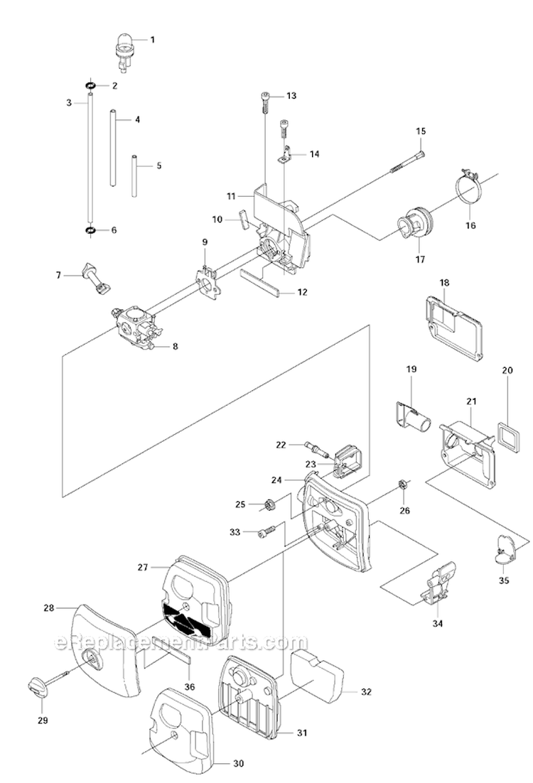 Carburetor  Air Filter Diagram and Parts List for 345RX 2011-02 Husqvarna Brush Cutter