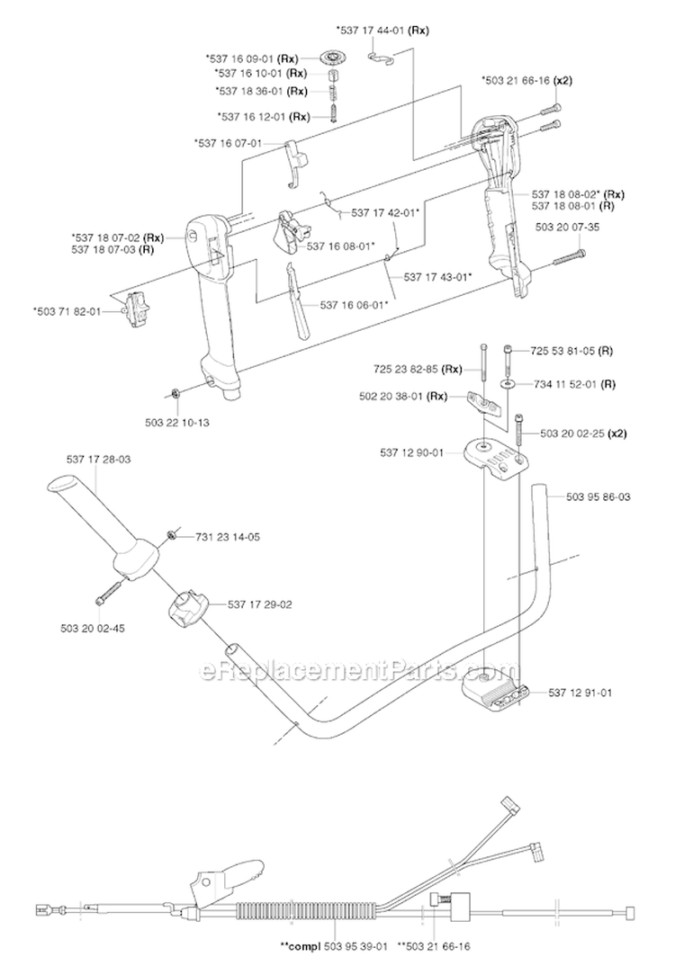 Handle  Controls Diagram and Parts List for 345R 2003-05 Husqvarna Brush Cutter