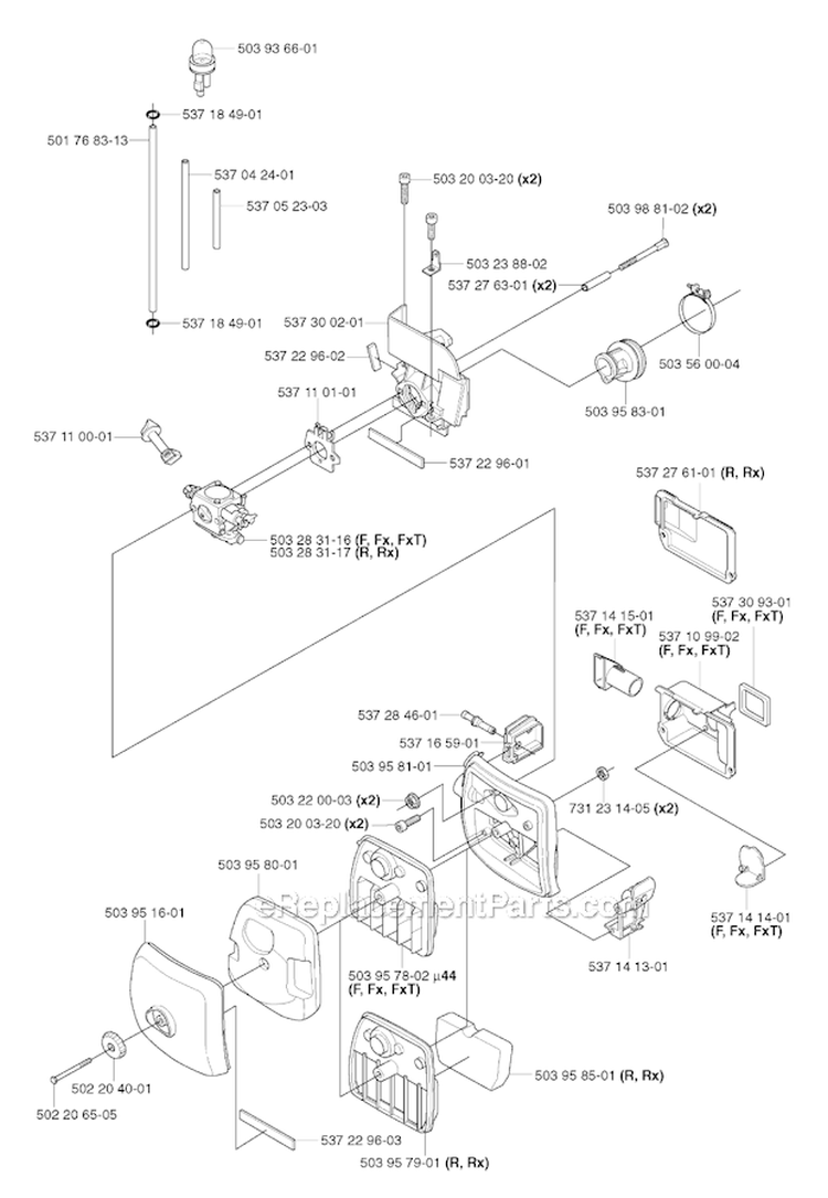 Carburetor  Air Filter Diagram and Parts List for 345R 2003-05 Husqvarna Brush Cutter