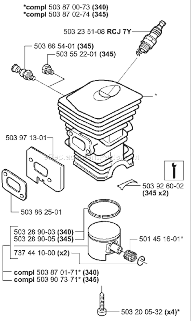 Page K Diagram and Parts List for 340 2001-09 Husqvarna Chainsaw