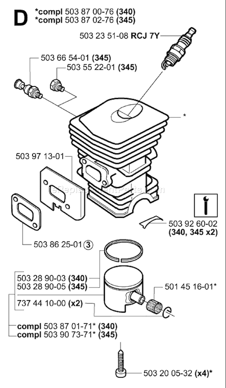 Page K Diagram and Parts List for 340 2004-03 Husqvarna Chainsaw