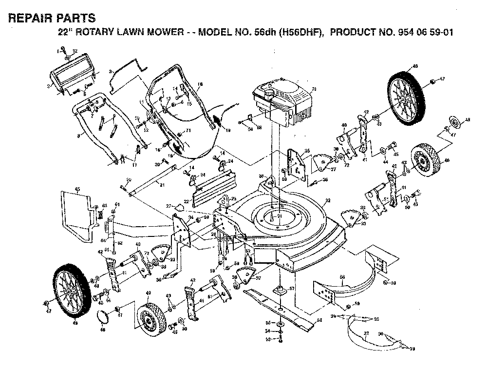 Product Complete Diagram and Parts List for 56DH (H56DHF, 954065901)(1994-01) Husqvarna Lawn Mower