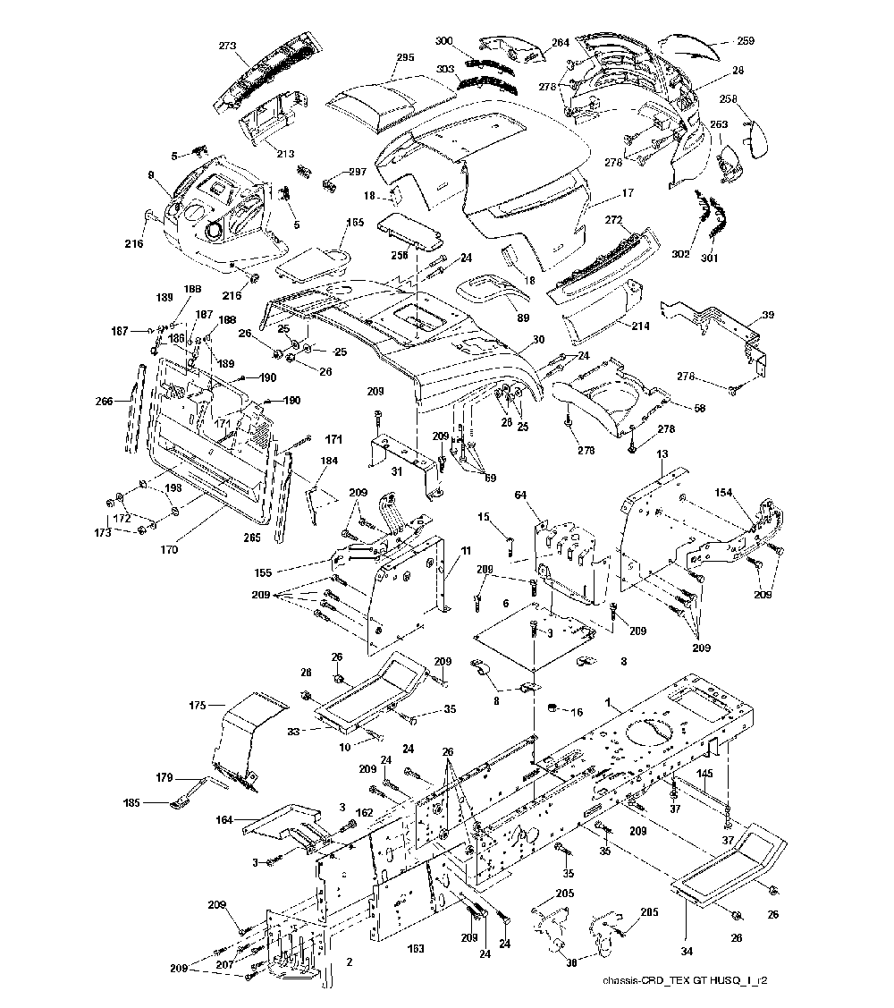 Chassis And Enclosures Diagram and Parts List for CTH150 (TWIN, 96061026000)(2010-01) Husqvarna Lawn Tractor