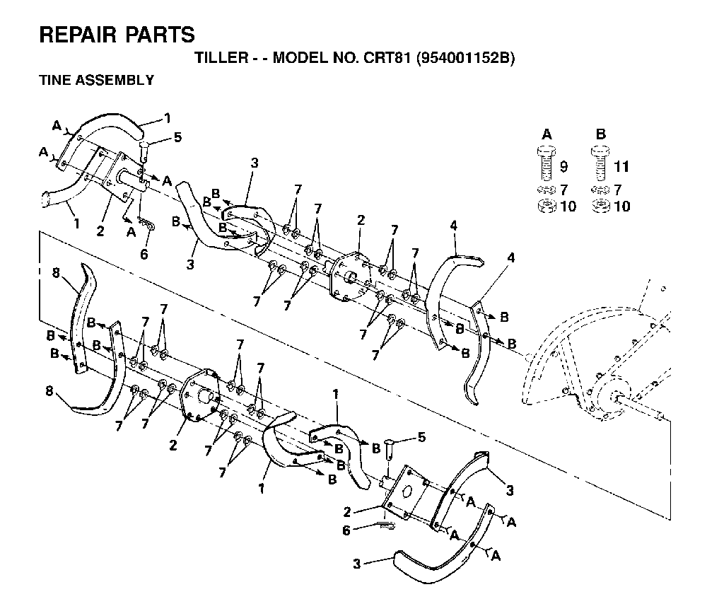 Tine Assembly Diagram and Parts List for CRT81 (954001152B)(1995-12) Husqvarna Tiller