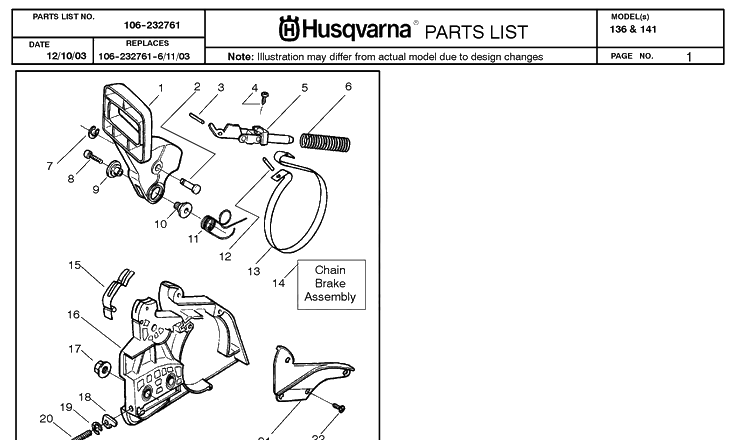 Chain Brake Diagram and Parts List for 136 20040100001-Current Husqvarna Chainsaw