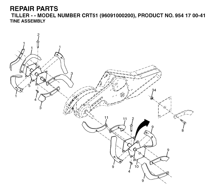 Tine Assembly Diagram and Parts List for CRT51 (96091000200)(2006-02) Husqvarna Cultivator