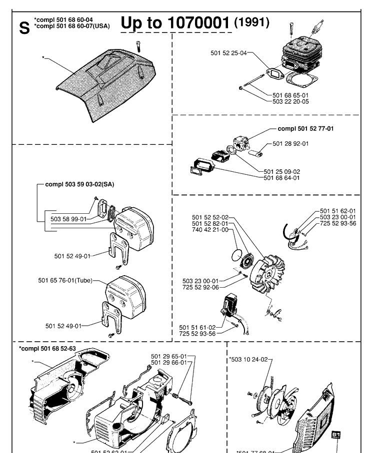 Service Updates 2 Diagram and Parts List for 61 19970100001-19993100000 Husqvarna Chainsaw